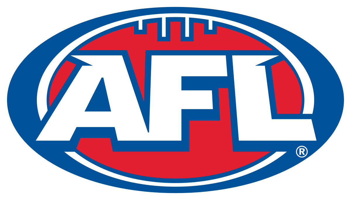 AFL logo with white letters on red oval, blue outline, football graphic above.