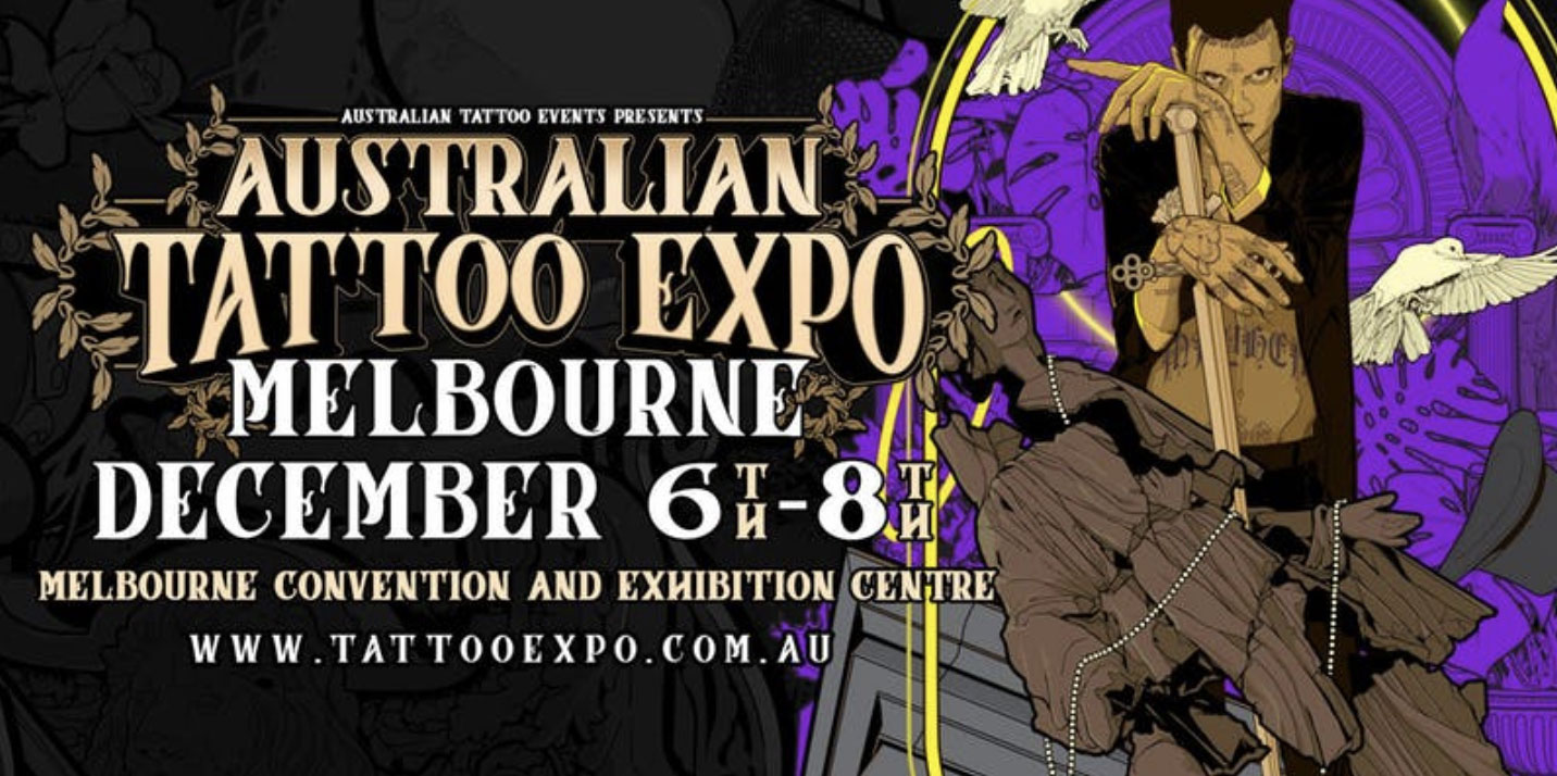 Australian Tattoo Expo poster, Melbourne, December 6-8, detailed illustrations and event info.