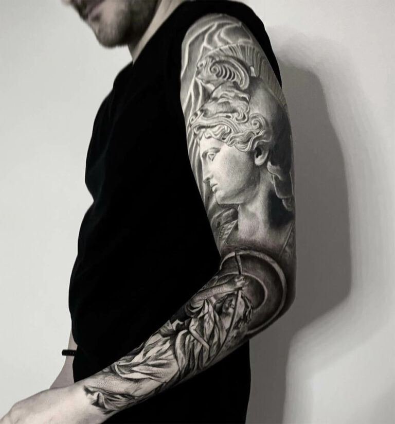 Full black/grey realism arm sleeve tattoo with greek mythology theme