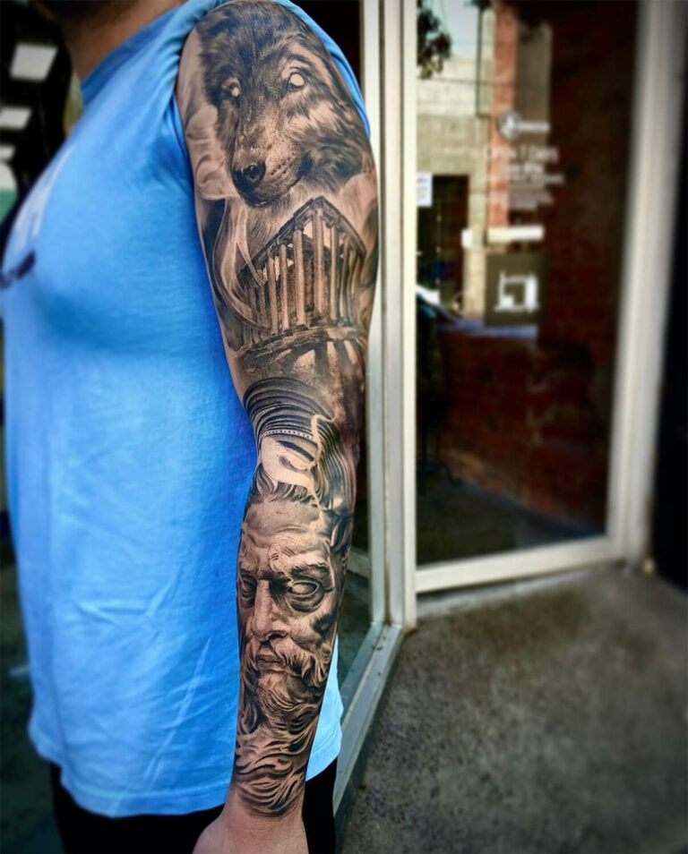Black and grey realism greek themed full arm sleeve tattoo