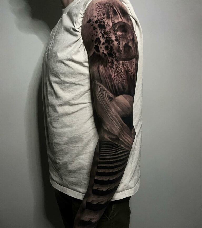 Black and grey realism space themed full arm sleeve tattoo