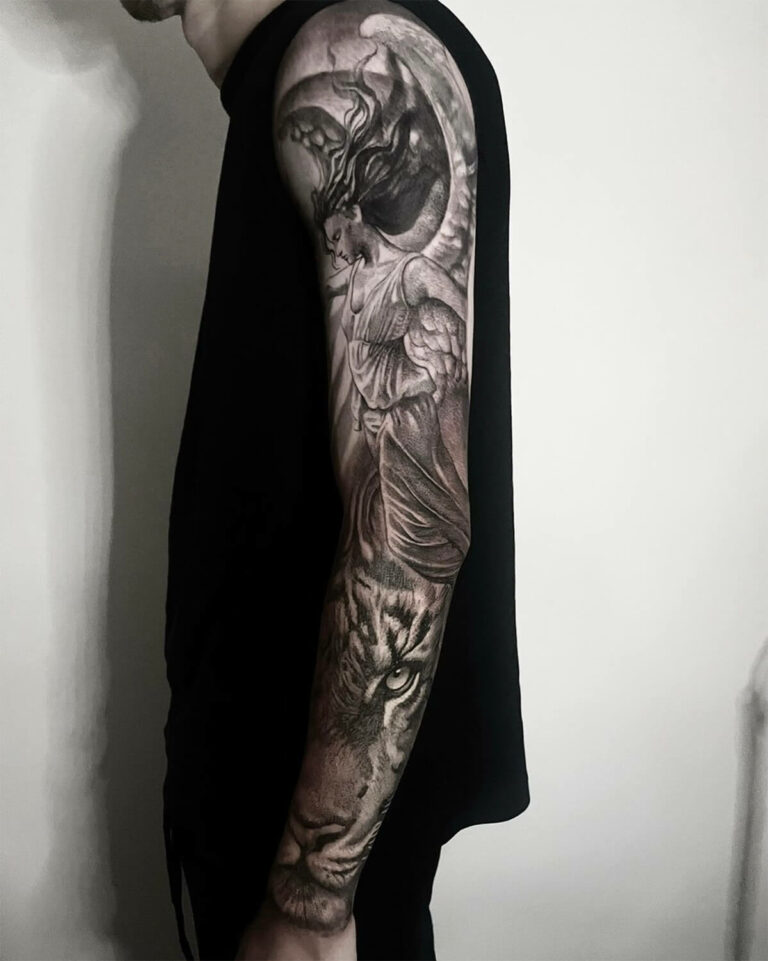 Black and grey realism full arm sleeve tattoo with tiger, and angel