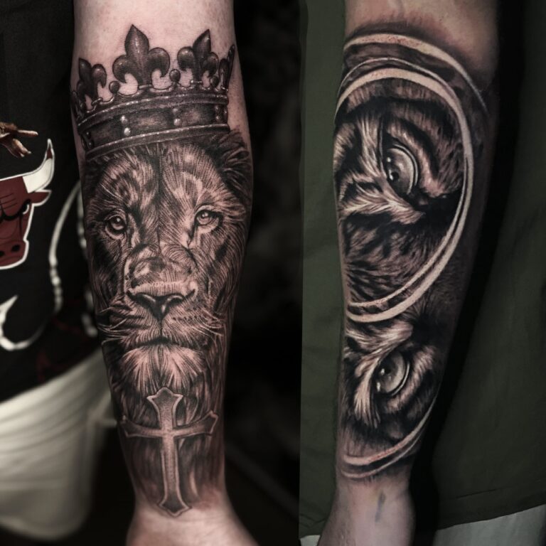 Black and grey crowned lion and eye tattoo artwork