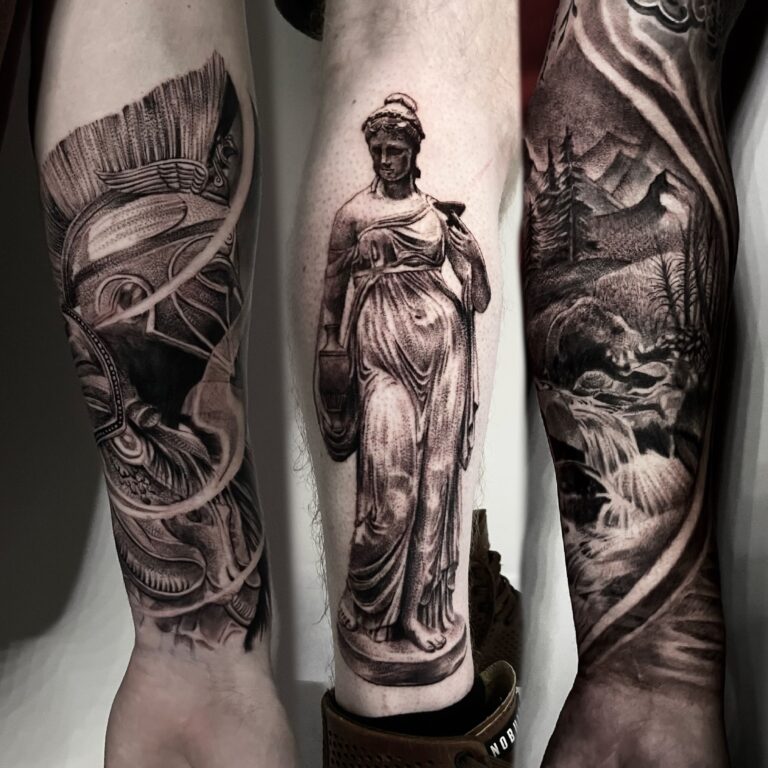 helmet with wings, classical statue, landscape with trees and waterfall.