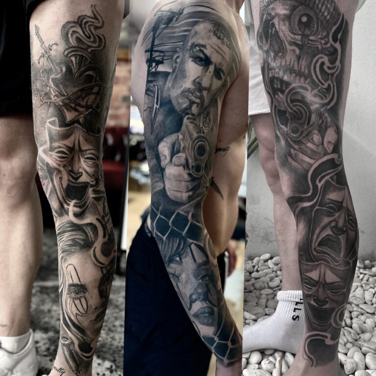 Black and grey leg tattoo with masks, face, gun and skull imagery
