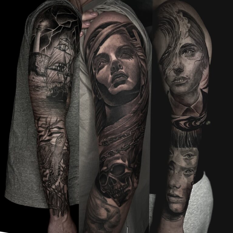 Black and grey sleeve tattoo collage with ship, woman face and abstract faces