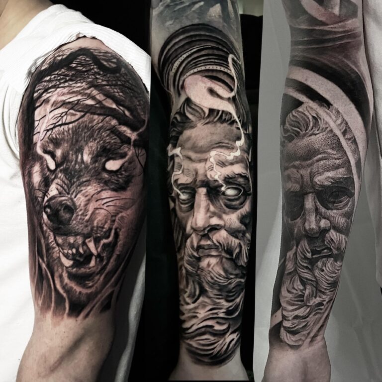 snarling wolf on upper arm, bearded men portraits on forearms.