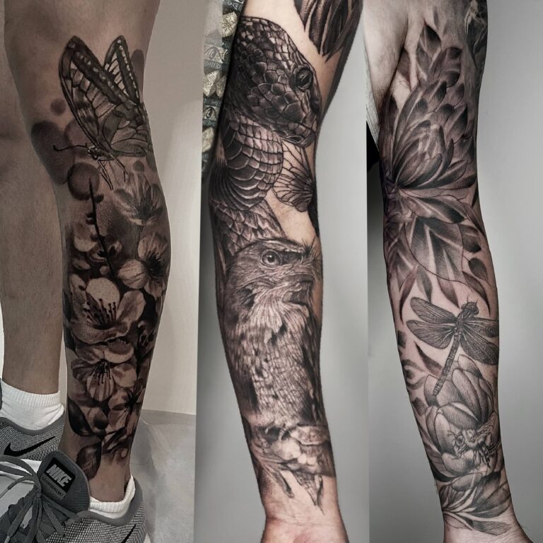 Three tattooed legs showing a butterfly, bird with snake, and dragonfly with floral designs.