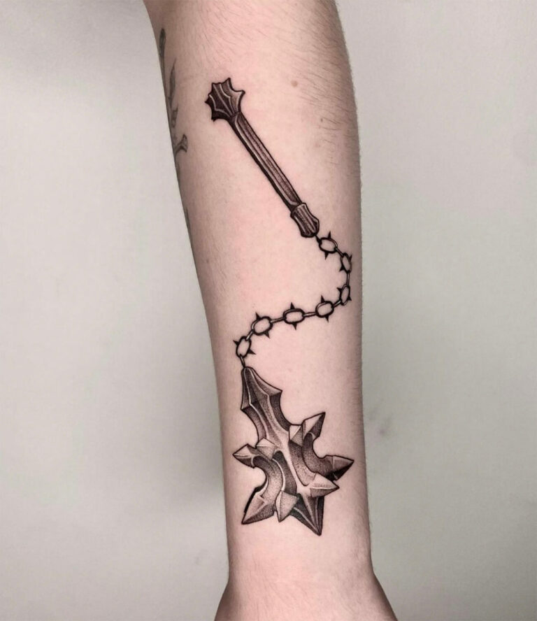 Black and grey tattoo of the Witch King's mace from Lord of the Rings