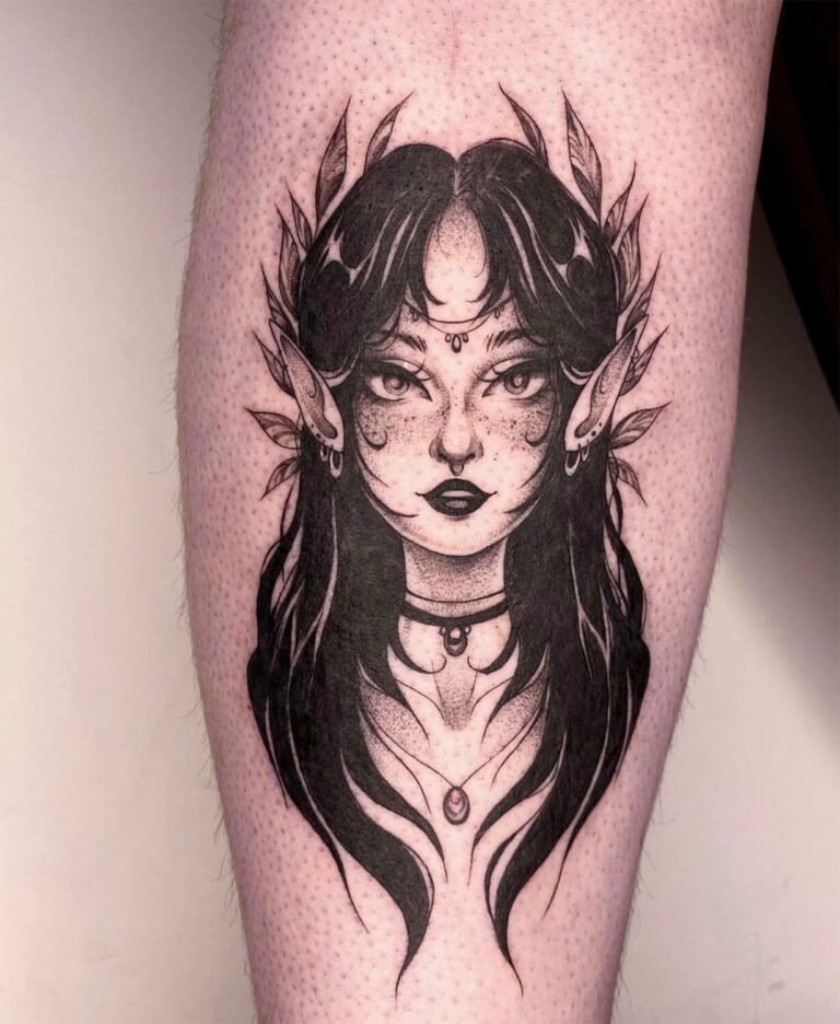 Black and grey portrait tattoo of fairy