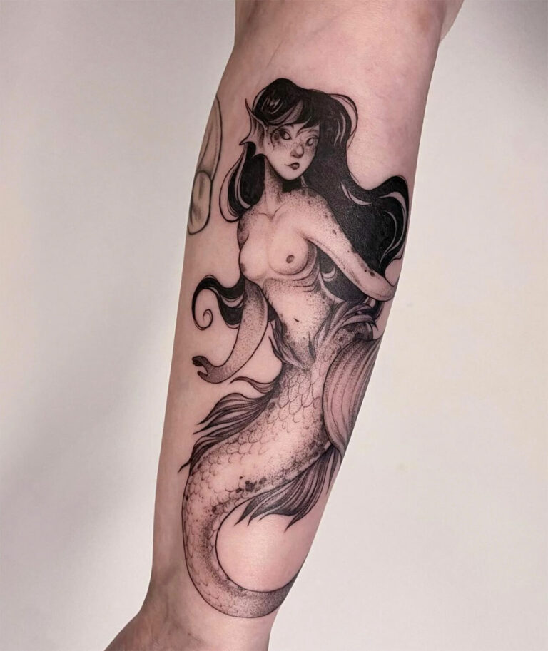 Black and grey mermaid tattoo