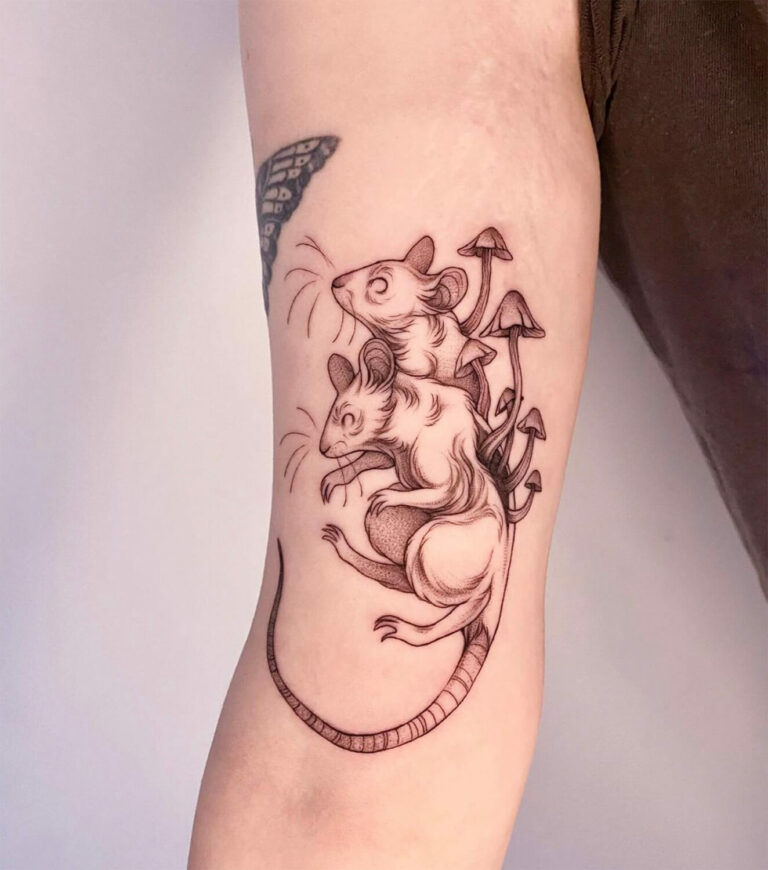 Black and grey illustrative tattoo of two rats with mushrooms growing out of them