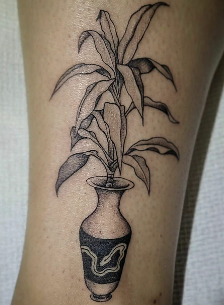 Black and grey fineline tattoo of a vase with leaves