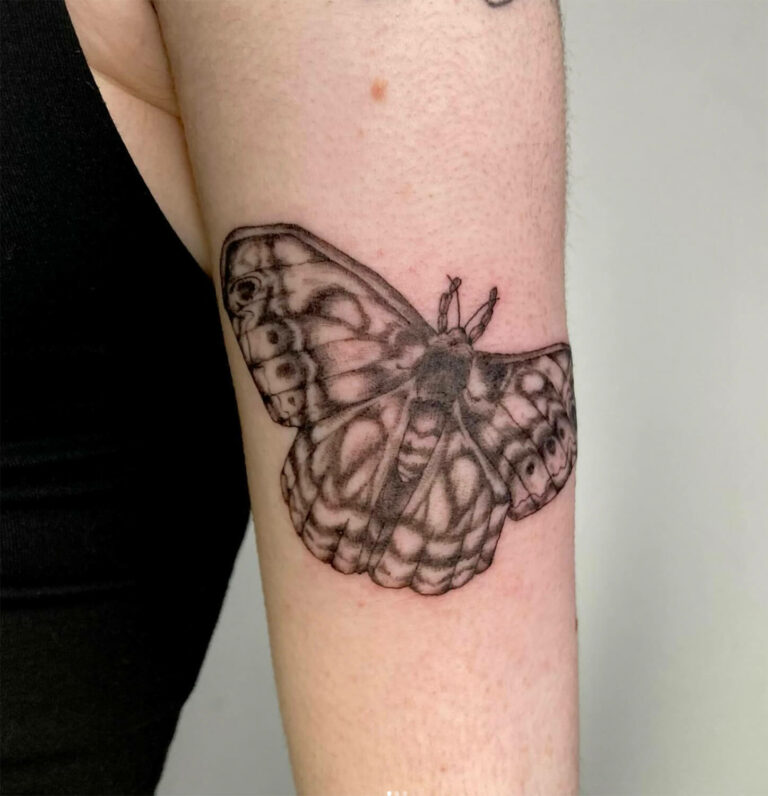 Black and grey butterfly tattoo with detailed wings on a person's arm.