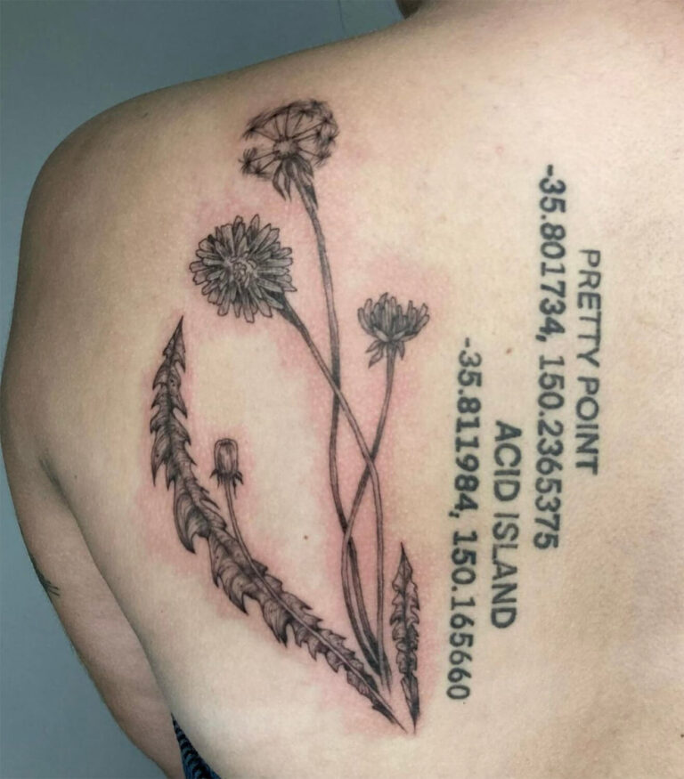 Tattoo of dandelions with coordinates, "Pretty Point" and "Acid Island" text on skin.