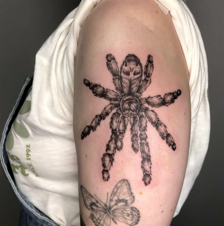 Tarantula and butterfly tattoos on upper arm, person in a light-coloured shirt.