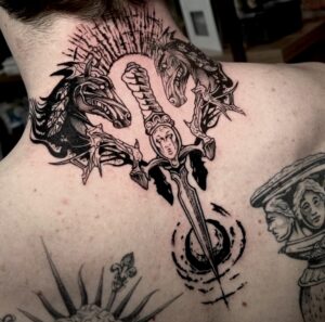 Blackwork tattoo on the back of male's neck with two horses surrounding a sword