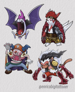 Pokemon x OnePiece full color flash tattoo designs