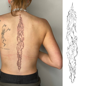 Butterfly and cyber sigilism spine tattoo 