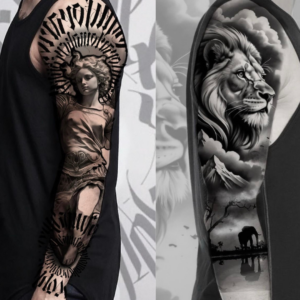 Black and grey realism sleeve tattoo concepts