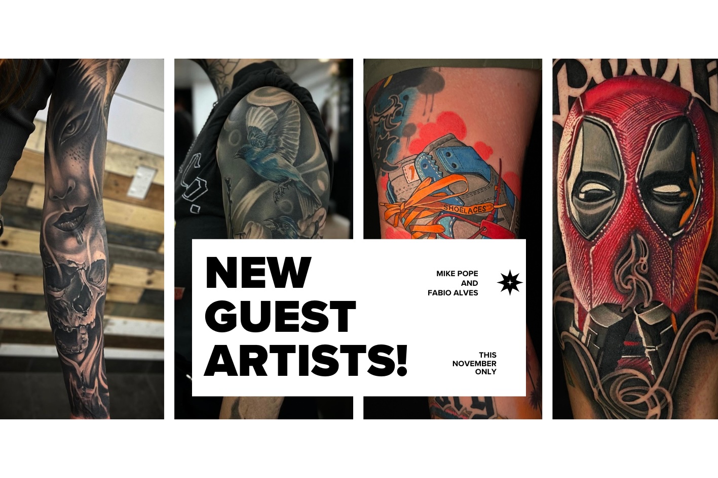 Promotional poster for guest tattoo artists Mike Pope and Fabio Alves in November.