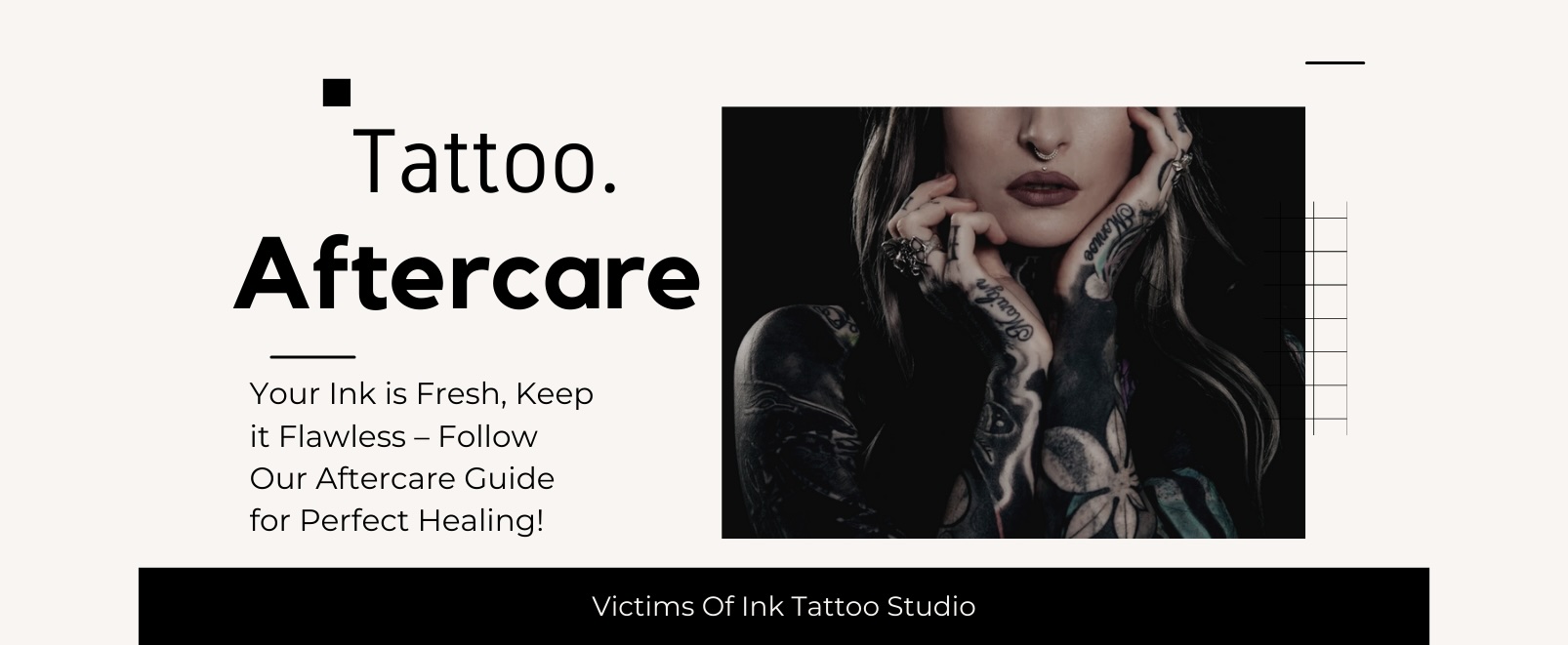 Promotional material for tattoo aftercare by Victims Of Ink Tattoo Studio featuring a tattooed person.