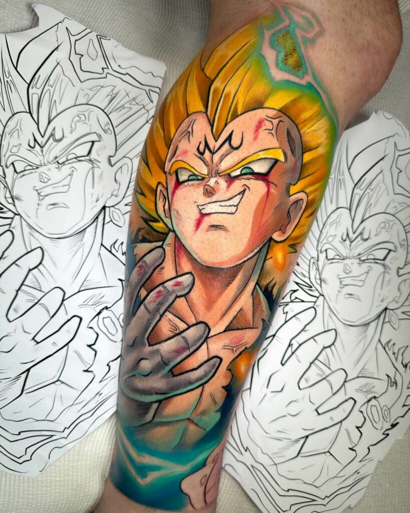Forearm tattoo of muscular animated character with spiky yellow hair, flanked by sketch outlines.