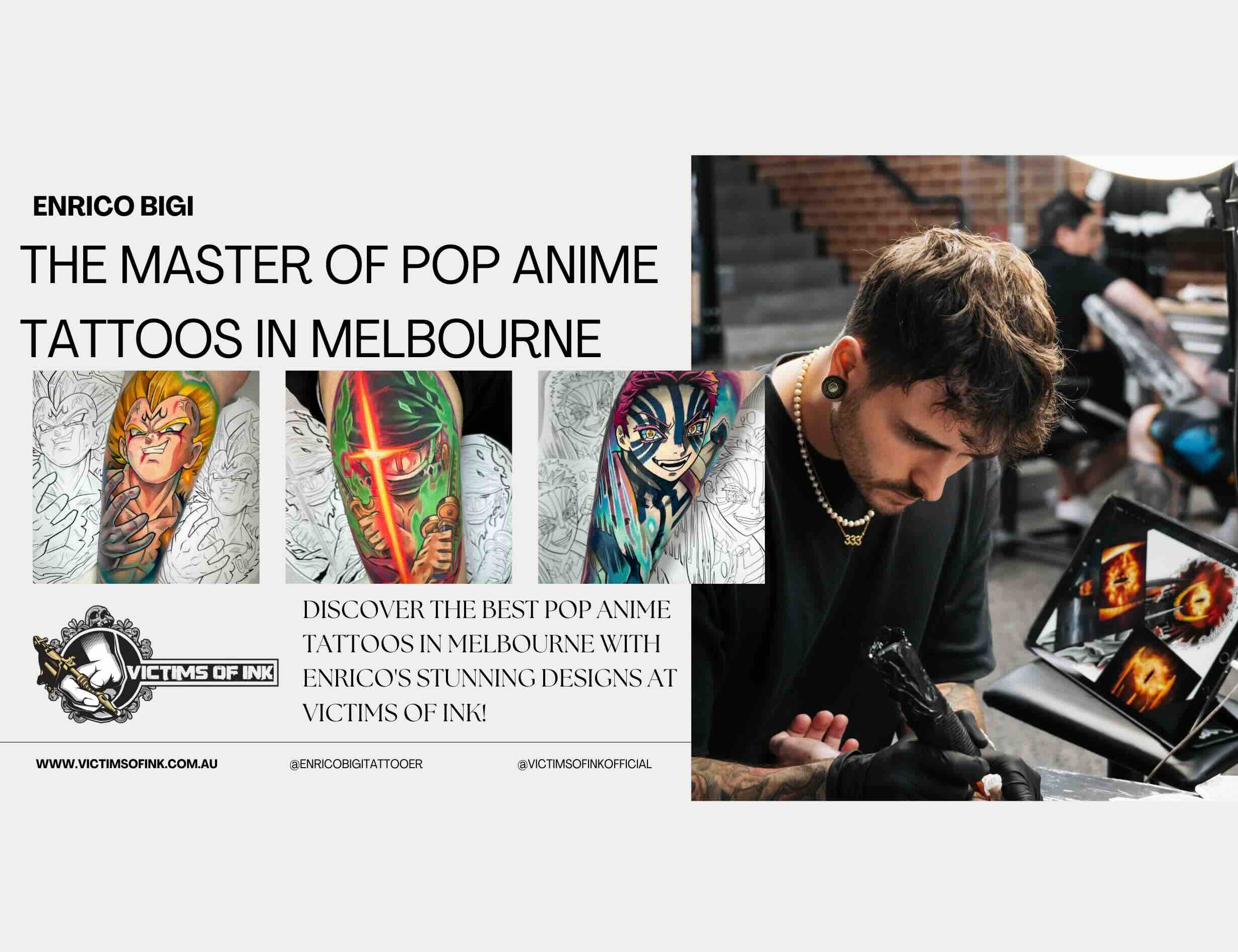 Promotional design for a Melbourne pop anime tattoo artist, featuring vibrant artwork and studio.