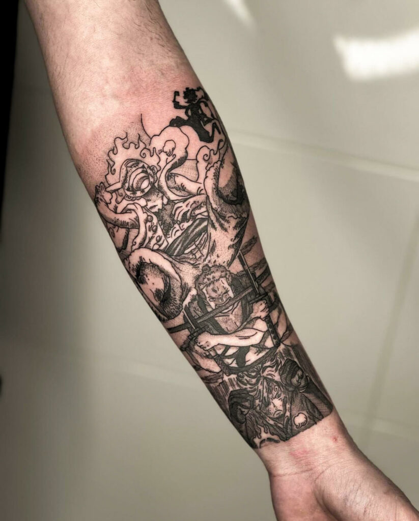 Forearm tattoo features intricate scenes with figures, ropes, tentacles, and shading.