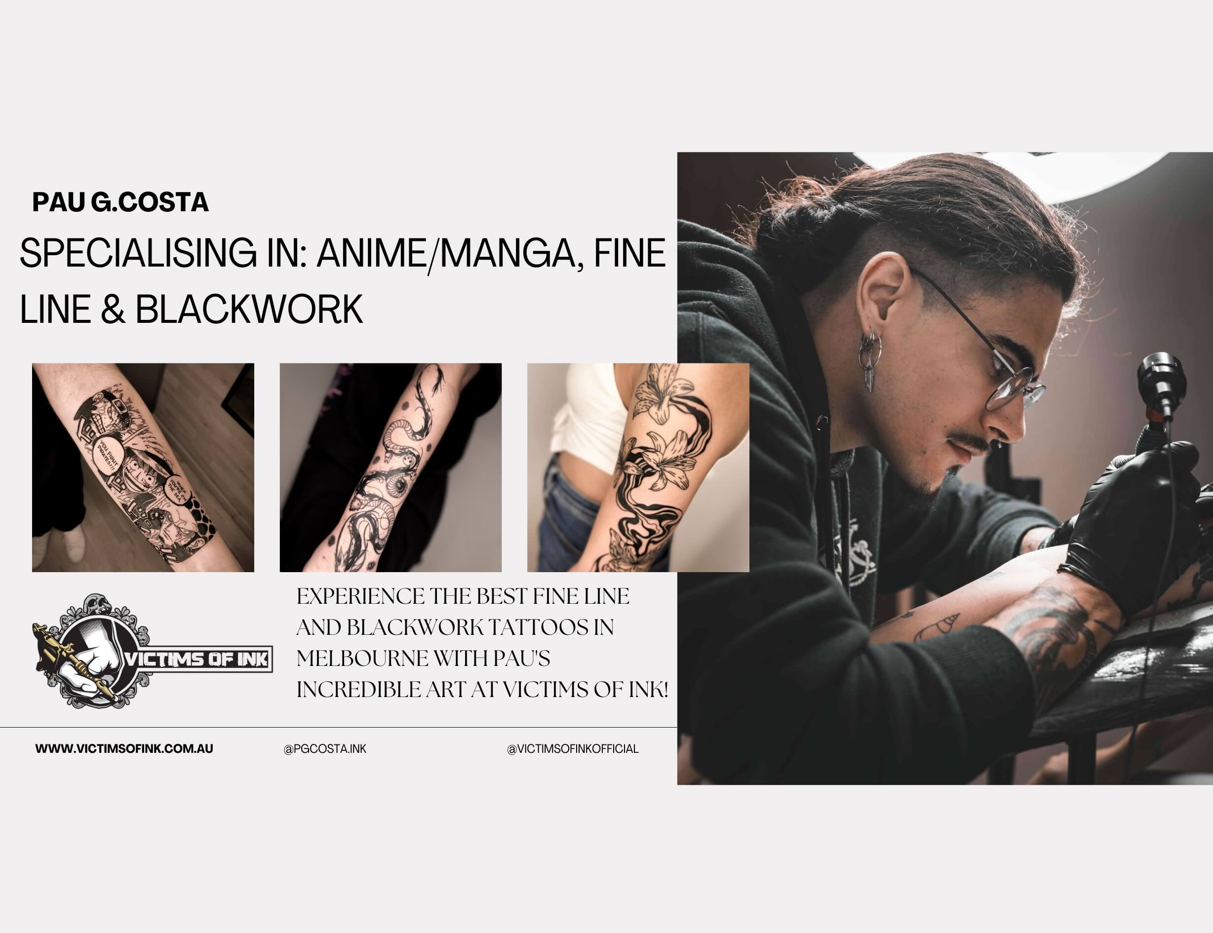 Tattoo artist specializing in anime, fine line, and blackwork at Victims of Ink, Melbourne.