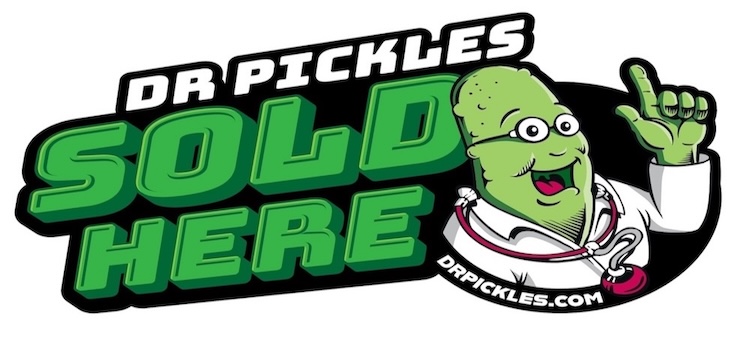 "Dr Pickles Sold Here" with website link.