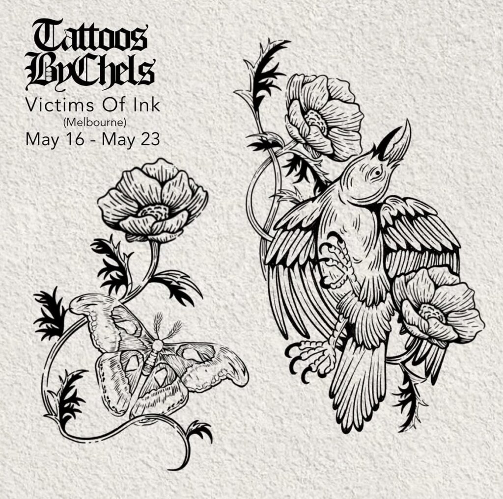 Tattoo designs of a bird and butterfly with flowers, event details for Victims Of Ink, Melbourne.
