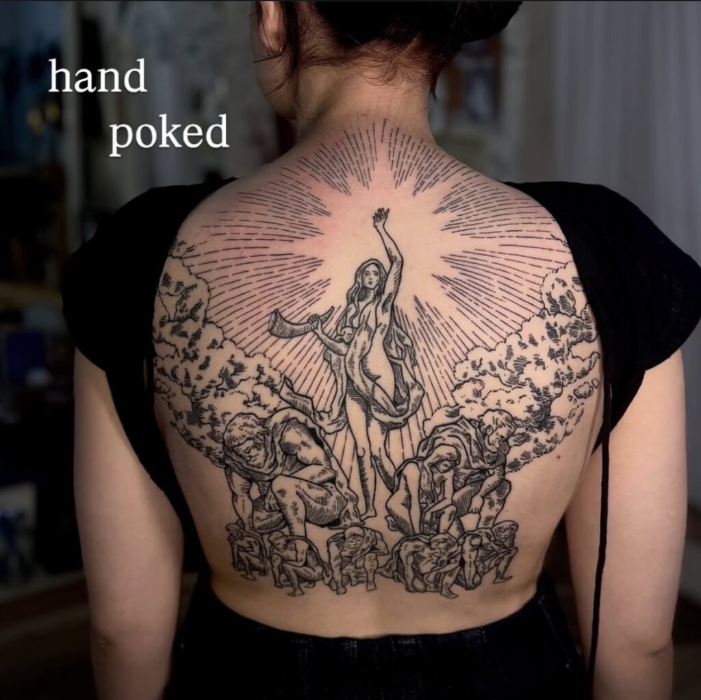 Elaborate back tattoo with a central figure, others, clouds, and radiating lines.