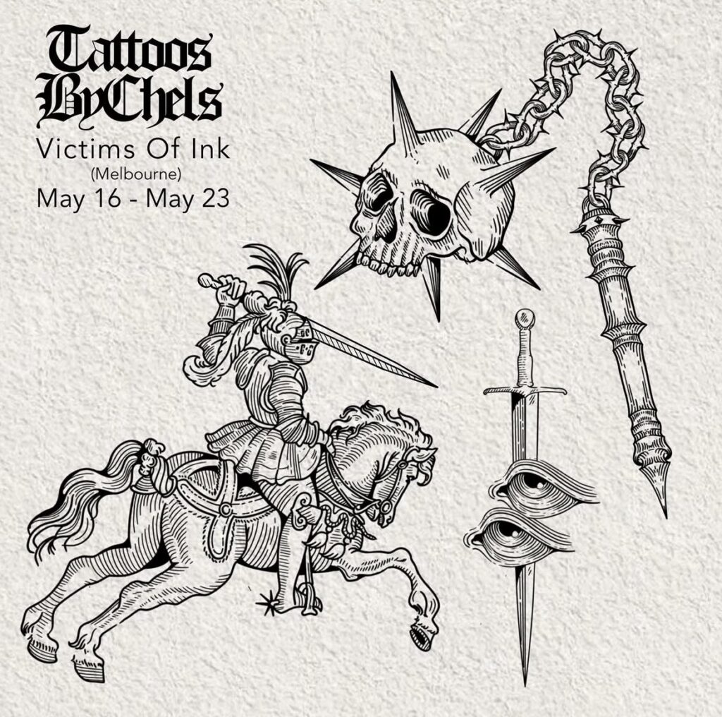 Medieval-themed artwork for Melbourne tattoo event, May 16-23, featuring knight and motifs.