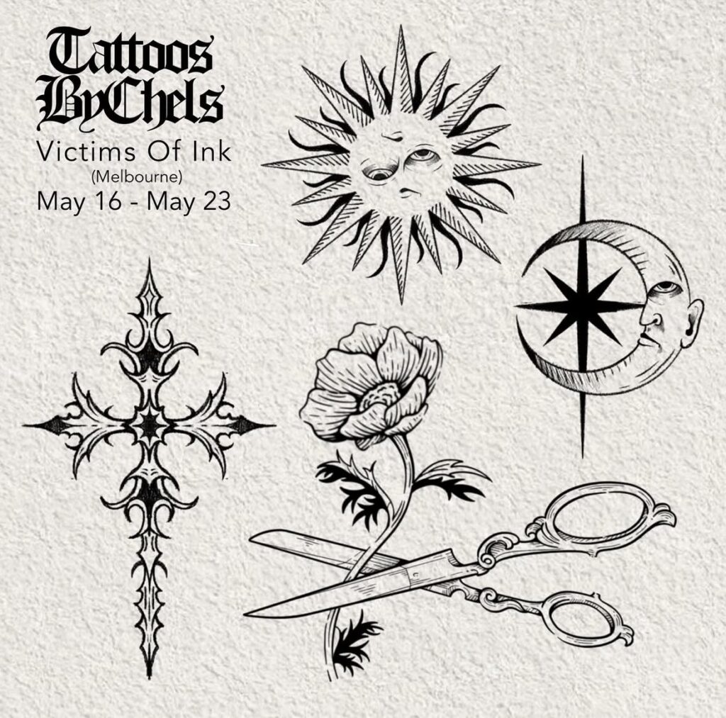 Tattoo designs of sun, moon, cross, flower, and scissors with event details for Melbourne.