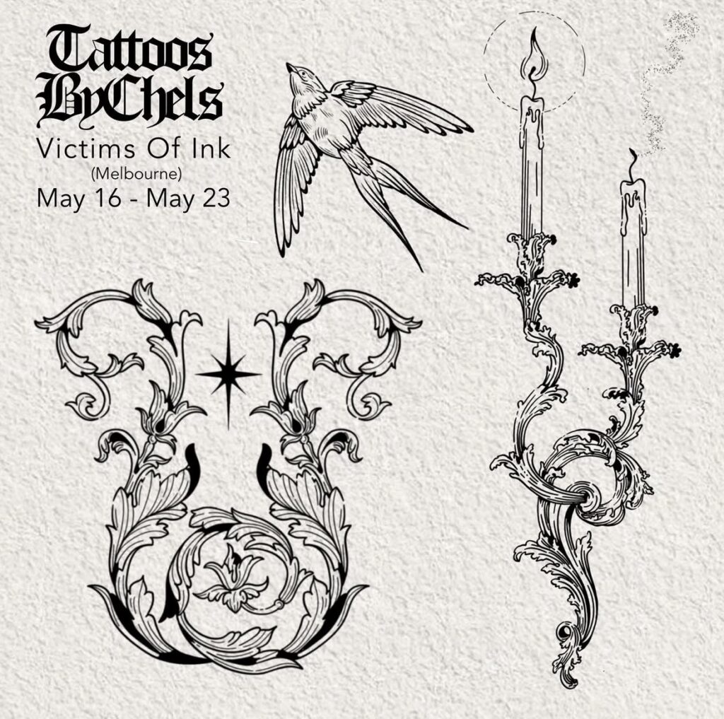 Promotional graphic for Tattoos By Chels at Victims Of Ink event, Melbourne, May 16-23.