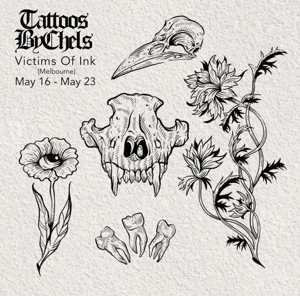 Tattoo art with skulls, floral elements; event "Victims of Ink" Melbourne, May 16-23.