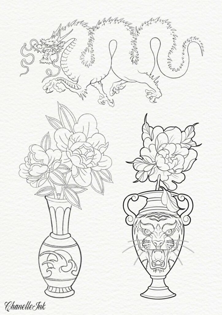 Stylised dragon above two detailed vases with floral and animal designs.