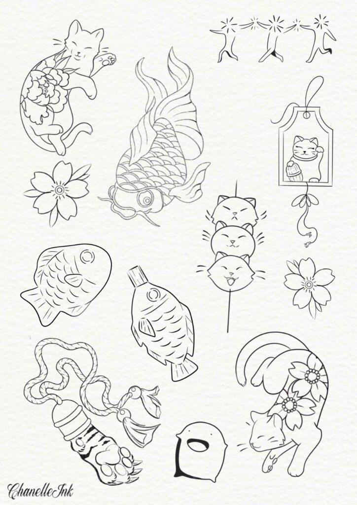 Line art illustrations with floral cats, koi fish, flowers, and whimsical elements.