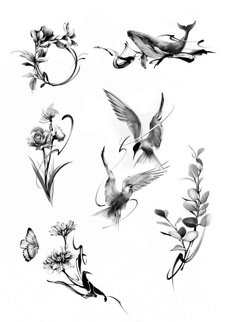 Black and white illustration with whale, hummingbirds, flowers, leaves, and butterfly.