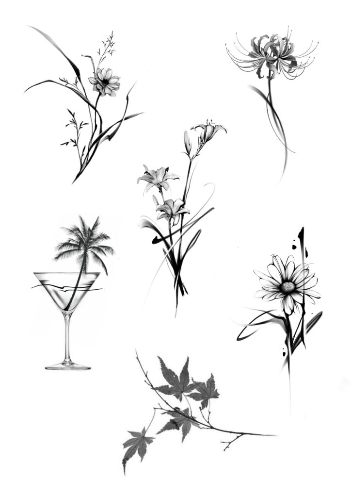 Black and white botanical illustrations of flowers, leaves, and a palm tree in a martini glass.
