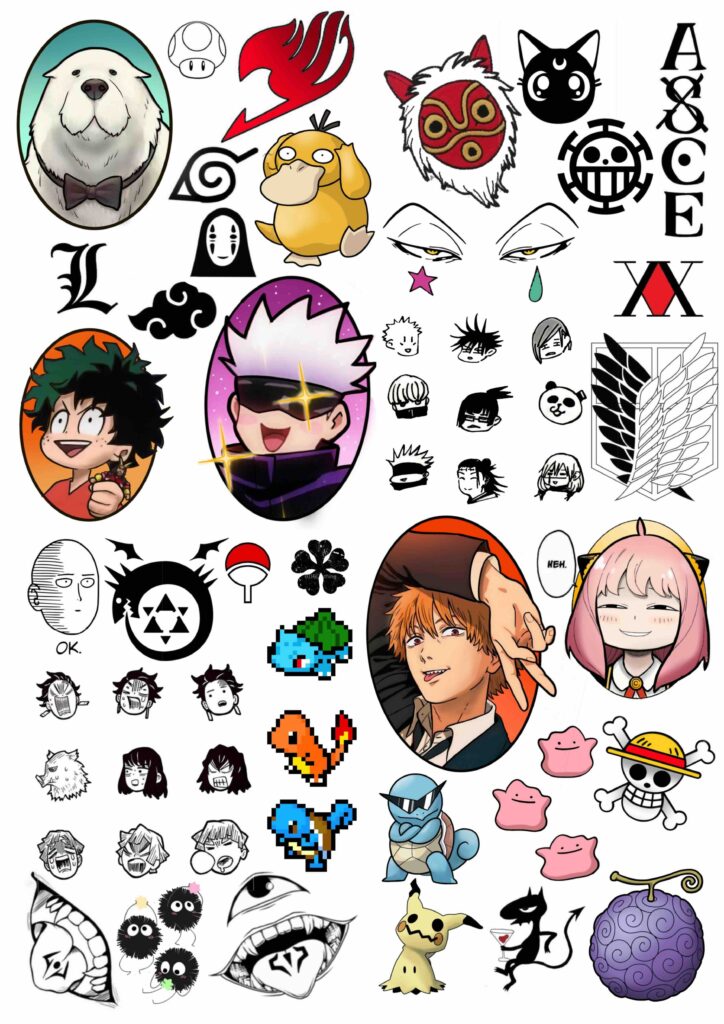 Anime and video game character icons, logos, and symbols on a white background.