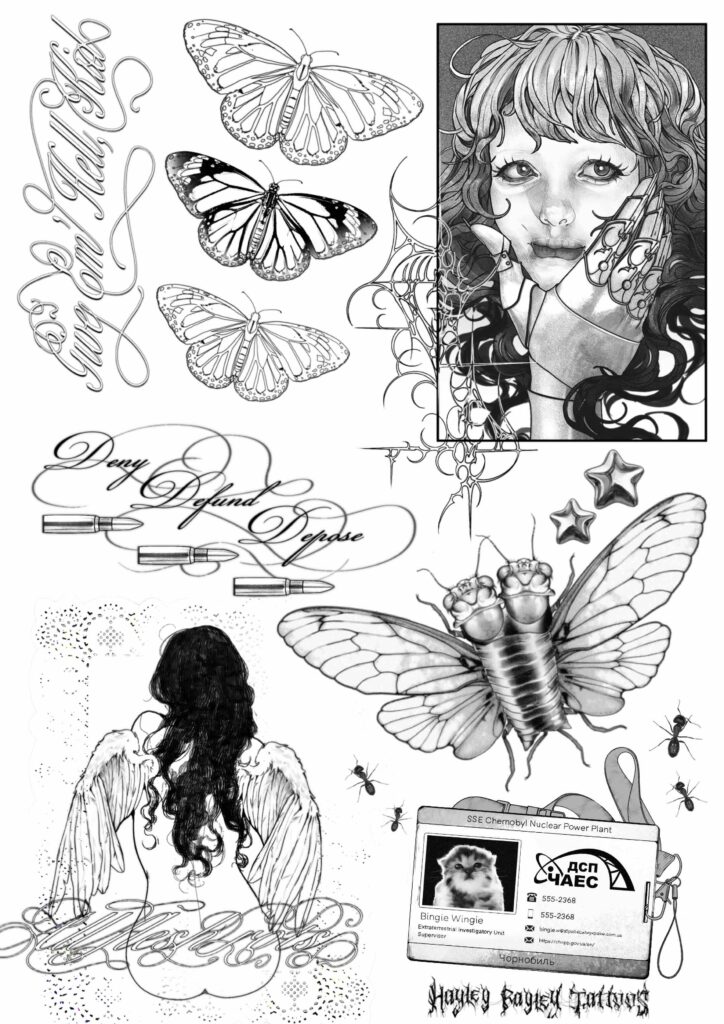 Collage with butterflies, person, angel, cicada, ID card with cat, stars, and decorative elements.