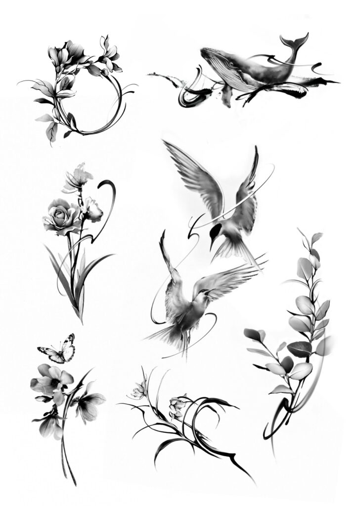 Black and white tattoo-style illustrations of flowers, birds, a whale, and a butterfly.