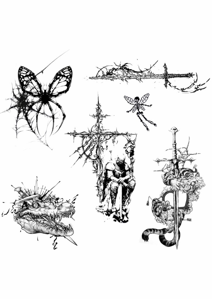 Black and white tattoo-style art with butterfly, swords, knight, crocodile, and abstract motifs.