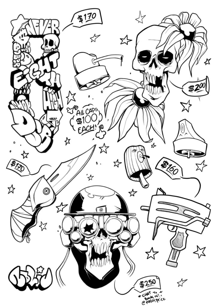 skulls, knife, spray cap, gun, prices shown.