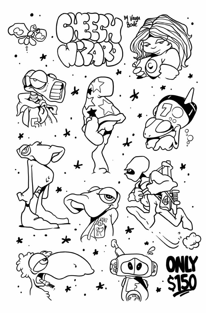Vaughn Bodē black and white illustration with cartoon characters and "Cheech Wizard" text.