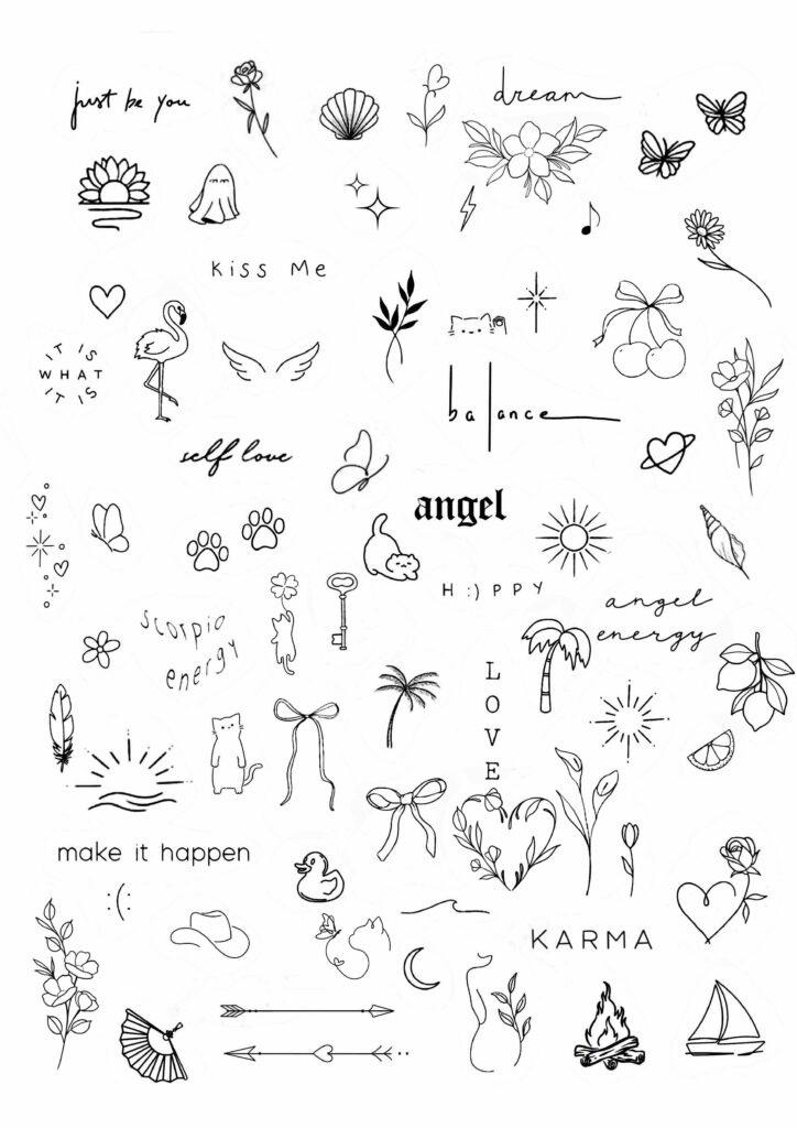 flowers, flamingo, feather, shell, stars, butterflies, phrases, symbols.