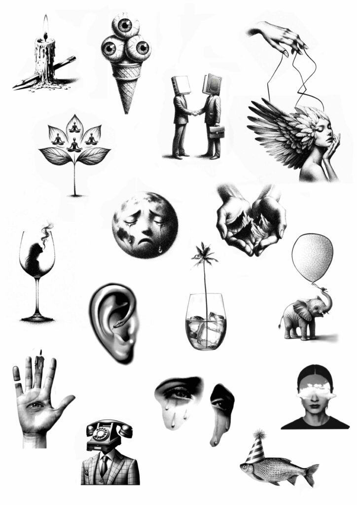 Surreal artwork with imaginative elements like a melting candle, eyeball ice cream, and crying earth.