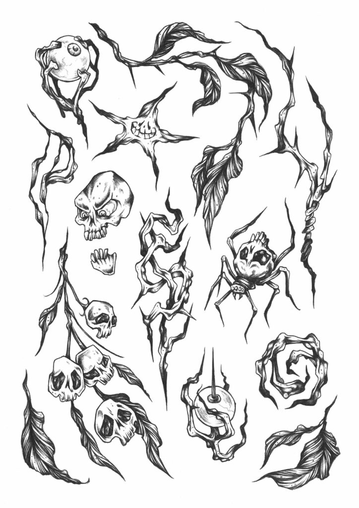 Black and white illustration of skulls, leaves, spider, and abstract shapes in sketch style.